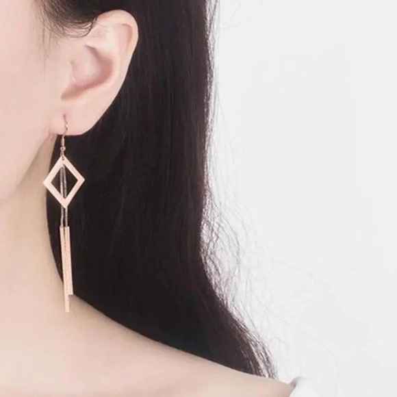 S925 Rose Gold Geometric Drop Bar Dangle Earrings - Picture 2 of 4